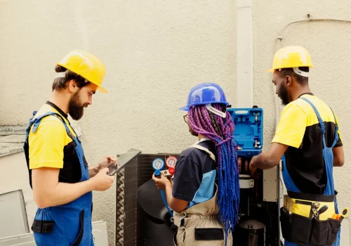 Repairmen looking for freon leaks Expert repairmen and african american coworker employed by home owner to look for freon leaks on condenser evaporator coil leading to poor cooling issues during hot summer months